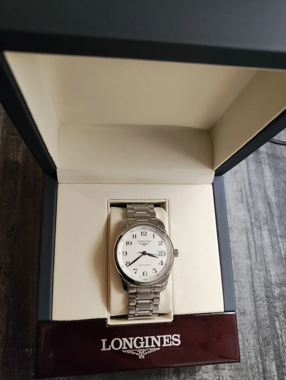 Longines Master Collection Watch in Silver and White With Blue Hands 40mm.